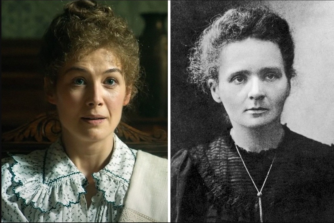 Anna-Marie Sklodowska, vzdálená příbuzná slavné vědátorky  Marie Curie-Sklodowské (vpravo) podle které byl natočený film Radioaktivita s herečkou Rosamund Pikeovou (vlevo).